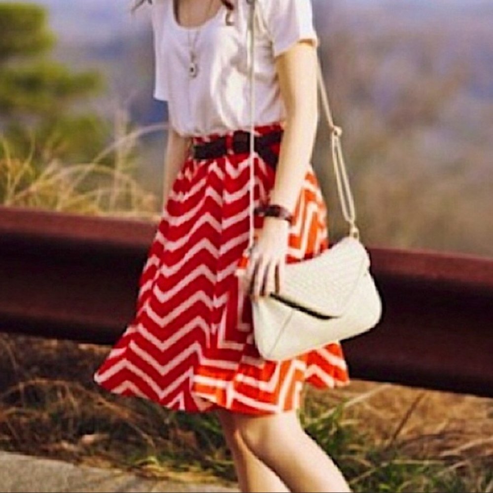 Red & Cream Chevron Skirt with Pockets